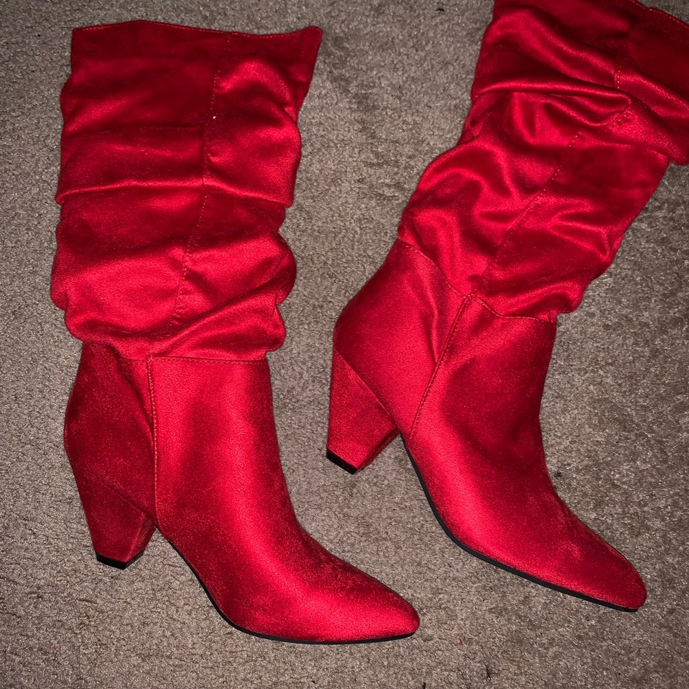Red Suede Cone Heel Boots
